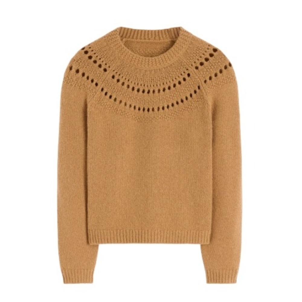 Boden Brown Wool Alpaca Blend Pointelle Yoke Crew Neck Sweater Large K1155
